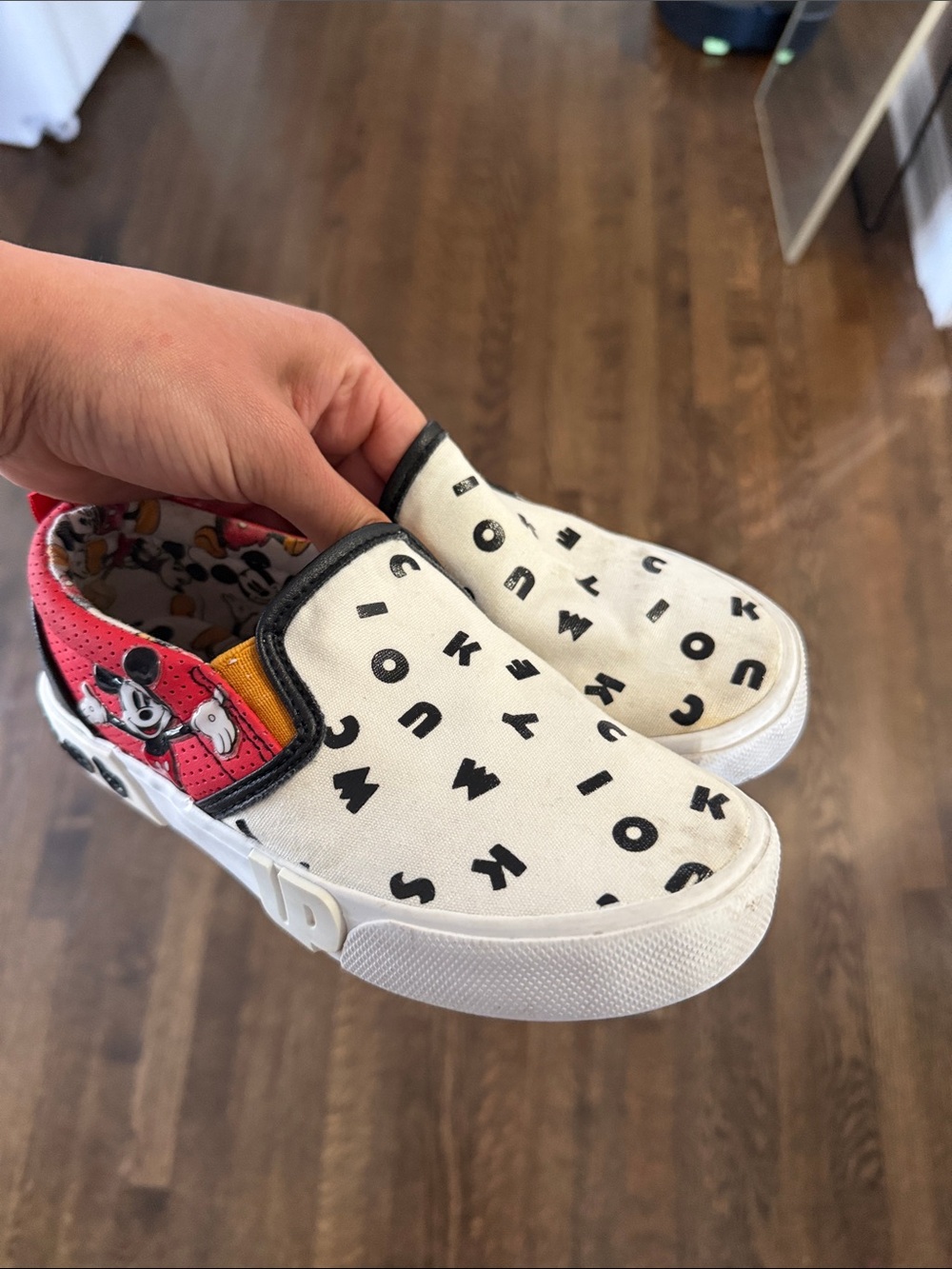 Disney Kids Slip-On Sneakers in White, Black & Red with Mickey Accent